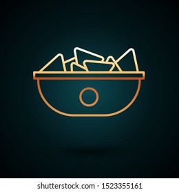 Gold line Nachos in plate icon isolated on dark blue background. Tortilla chips or nachos tortillas. Traditional mexican fast food menu.  Vector Illustration