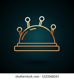 Gold line Needle bed and needles icon isolated on dark blue background. Handmade and sewing theme.  Vector Illustration
