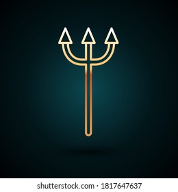 Goldene Linie Neptun Trident Symbol einzeln auf dunkelblauem Hintergrund.  Vektorgrafik
