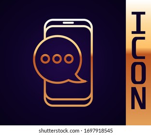 Gold line New chat messages notification on phone icon isolated on black background. Smartphone chatting sms messages speech bubbles.  Vector Illustration