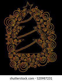 Gold line New Year tree with star and garland isolated on the black background