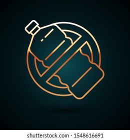 Gold line No plastic bottle icon isolated on dark blue background.  Vector Illustration