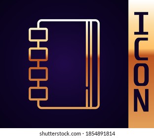 Gold-line-Notebook-Symbol einzeln auf schwarzem Hintergrund. Spiral Notizblock Symbol. Schulheft. Schreibpad. Tagebuch für die Schule.  Vektorgrafik