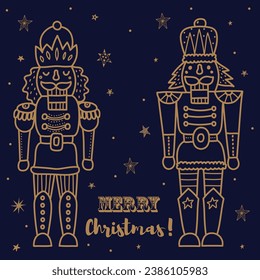 Gold line Nutcracker. Cute Christmas vector poster. 
