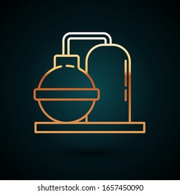 Gold line Oil and gas industrial factory building icon isolated on dark blue background.  Vector Illustration