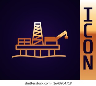 Gold line Oil platform in the sea icon isolated on black background. Drilling rig at sea. Oil platform, gas fuel, industry offshore.  Vector Illustration