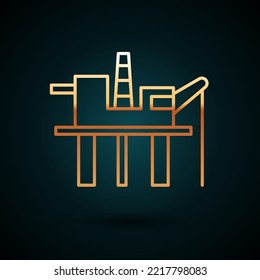 Gold line Oil platform in the sea icon isolated on dark blue background. Drilling rig at sea. Oil platform, gas fuel, industry offshore.  Vector Illustration