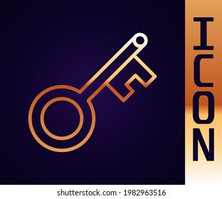 Gold line Old key icon isolated on black background.  Vector