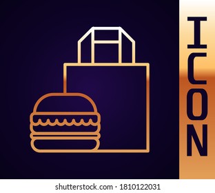 Gold line Online ordering and burger delivery icon isolated on black background.  Vector Illustration