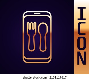 Gold line Online ordering and fast food delivery icon isolated on black background. Burger sign.  Vector Illustration
