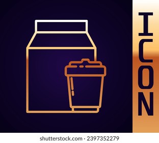 Línea de oro Icono de pedidos en línea y entrega de comida rápida aislado en fondo negro.  Ilustración vectorial