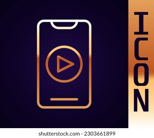 Gold line Online play video icon isolated on black background. Smartphone and film strip with play sign.  Vector