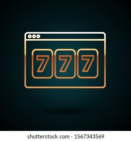 Gold line Online slot machine with lucky sevens jackpot icon isolated on dark blue background. Online casino.  Vector Illustration