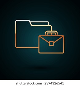 Gold line Online working icon isolated on dark blue background. Freelancer man working on laptop at his house. Remote work. Distant job concept.  Vector