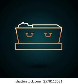 Gold line Open coffin with dead deceased body icon isolated on dark blue background. Funeral after death. Corpse in an open hearse for burial.  Vector