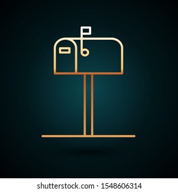 Gold line Open mail box icon isolated on dark blue background. Mailbox icon. Mail postbox on pole with flag.  Vector Illustration