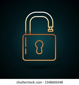Gold line Open padlock icon isolated on dark blue background. Opened lock sign. Cyber security concept. Digital data protection. Safety safety.  Vector Illustration