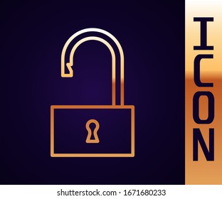 Gold line Open padlock icon isolated on black background. Opened lock sign. Cyber security concept. Digital data protection.  Vector Illustration