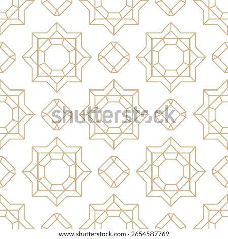 Gold line oriental seamless diamond pattern on white background. Ornamental geometric gems and crystals design. Luxury art deco festive background. Linear faceted diamonds mosaic tile pattern.