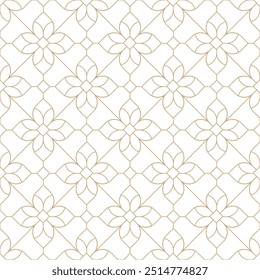 Gold line ornamental flowers seamless vector pattern. Geometric floral linear diamond tile pattern. Luxurious mosaic art deco texture background. Golden lines on white background wedding design.