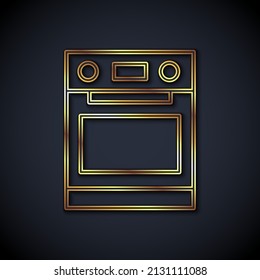Gold line Oven icon isolated on black background. Stove gas oven sign.  Vector