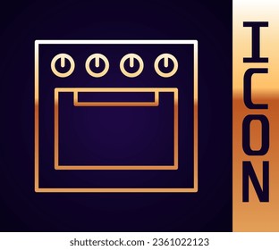 Gold line Oven icon isolated on black background. Stove gas oven sign.  Vector