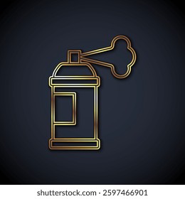 Gold line Paint spray can icon isolated on black background.  Vector