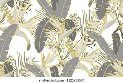 Gold line palm, kentia and paradise bird flower. Leaves and exotic flowers composition. Vector illustration. Botanical seamless background. Digital nature art.