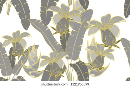 Gold line palm leaves and exotic flowers composition. Vector illustration. Botanical seamless background. Digital nature art.