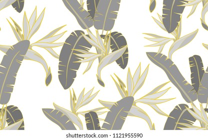 Gold line palm and paradise bird flower. Palm leaves and exotic flowers composition. Vector illustration. Botanical seamless background. Digital nature art.