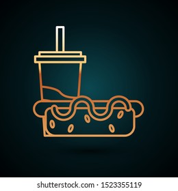 Gold line Paper glass with drinking straw and hotdog icon isolated on dark blue background. Soda aqua drink sign. Hamburger, cheeseburger sandwich.  Vector Illustration