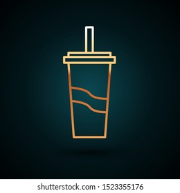 Gold line Paper glass with drinking straw and water icon isolated on dark blue background. Soda drink glass. Fresh cold beverage symbol.  Vector Illustration