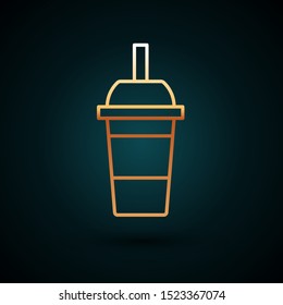 Gold line Paper glass with drinking straw and water icon isolated on dark blue background. Soda drink glass. Fresh cold beverage symbol.  Vector Illustration
