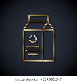 Gold line Paper package for milk icon isolated on black background. Milk packet sign.  Vector