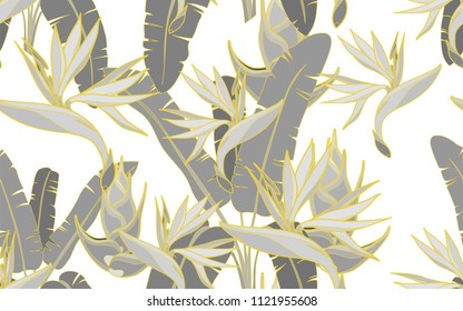 Gold line paradise bird flower. Palm leaves and exotic flowers composition. Vector illustration. Botanical seamless background. Digital nature art.