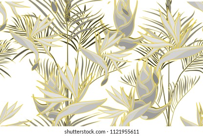 Gold line paradise bird flower. Palm leaves and exotic flowers composition. Vector illustration. Botanical seamless background. Digital nature art.