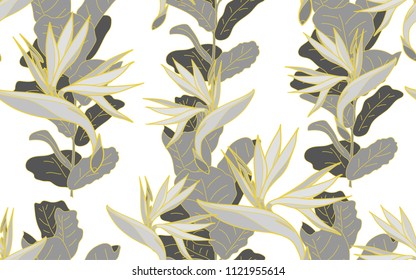 Gold line paradise bird flower. Palm leaves and exotic flowers composition. Vector illustration. Botanical seamless background. Digital nature art.