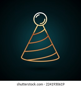 Gold line Party hat icon isolated on dark blue background. Birthday hat.  Vector
