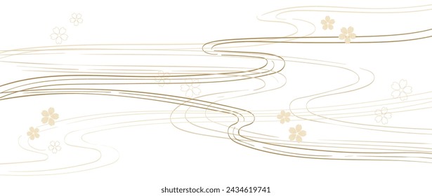 Gold line pattern texture with Japanese ocean wave pattern in vintage style. Abstract art landscape banner design with watercolor texture vector.  Cherry blossom flower elements