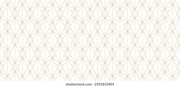 Gold line pattern. Vector geometric seamless texture. Golden ornament with delicate grid, thin lines, outline lattice, mesh, net, diamonds, triangles. Luxury abstract repeatable art deco background