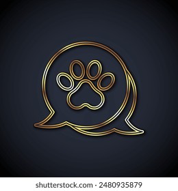 Gold line Paw print icon isolated on black background. Dog or cat paw print. Animal track.  Vector