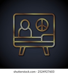 Gold line Peace icon isolated on black background. Hippie symbol of peace.  Vector