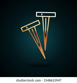 Gold line Pegs for tents icon isolated on dark blue background. Extreme sport. Sport equipment.  Vector Illustration