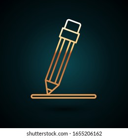 Gold line Pencil with eraser and line icon isolated on dark blue background. Education sign. Drawing and educational tools.  Vector Illustration
