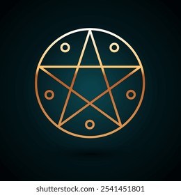 Gold line Pentagram in a circle icon isolated on dark blue background. Magic occult star symbol.  Vector Illustration