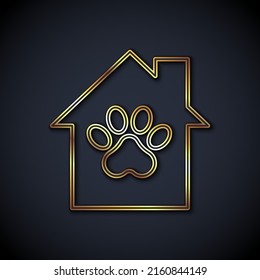 Gold line Pet house icon isolated on black background.  Vector