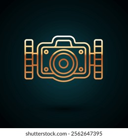 Gold line Photo camera for diver icon isolated on dark blue background. Foto camera icon. Diving underwater equipment.  Vector