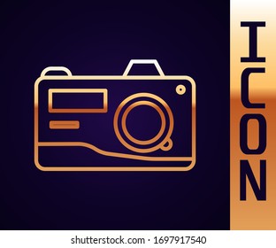 Gold line Photo camera icon isolated on black background. Foto camera icon.  Vector Illustration