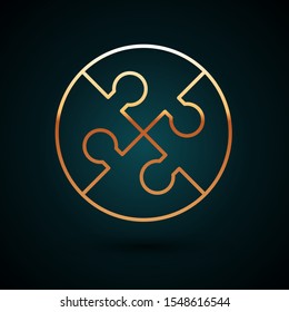 Gold line Piece of puzzle icon isolated on dark blue background. Business, marketing, finance, template, layout, infographics, internet concept.  Vector Illustration