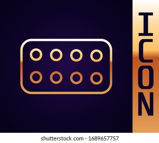 Gold line Pills in blister pack icon isolated on black background. Medical drug package for tablet, vitamin, antibiotic, aspirin.  Vector Illustration